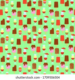 seamless flat pattern with ice cream and cocktails