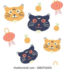Seamless flat pattern illustration for the new year 2022. Tiger, Chinese New Year, Chinese lanterns.	
