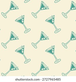 Nahtloses flaches Muster mit Martini-Cocktailbrille auf hellem Hintergrund, Retro-Party-Illustration für Bar-Branding, Packpapier, Stoff, Tapete und Nachtleben-Design.