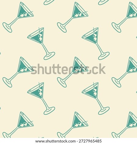 Seamless flat pattern with martini cocktail glasses on light background, retro party illustration for bar branding, wrapping paper, fabric, wallpaper and nightlife design.