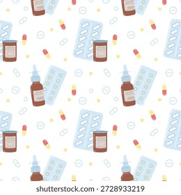 Padrão plano sem emenda com frascos de medicamentos, embalagens de blister, cápsulas e comprimidos em um fundo branco. Ilustração médica para uso em saúde, farmácia, medicamentos e design farmacêutico.