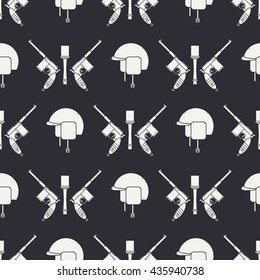 Seamless flat pattern with military equipment icons. Vector illustration. Elements for design. Ww2 army weapons collection. Graphic texture for design , wallpaper. Silhouette war pattern.