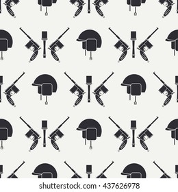 Seamless flat pattern with military equipment icons. Vector illustration. Elements for design. WW2 army weapons collection. Graphic texture for design , wallpaper. Silhouette war pattern.