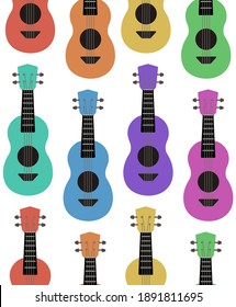 Seamless flat pattern with multi colored ukuleles in a row on a white background. Hawaiian music. Musical string instrument. Seamless texture for fabrics, wallpaper, wrapping paper and your creativity
