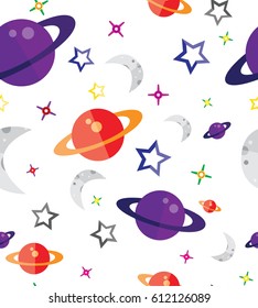 Seamless flat pattern with planets. Outer space vector template for the fabric, cover, wallpaper. Jupiter, stars and crescent moon pattern