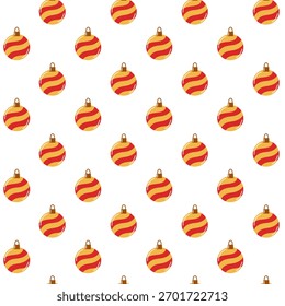 Patrón plano sin fisuras con adornos de Navidades rojas y amarillas. Fondo festivo de vacaciones de Vector