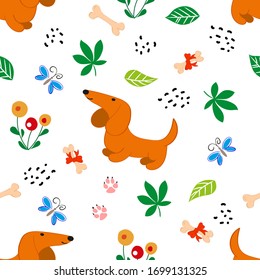 Seamless flat pattern in scandinavian style with cute dachshund, bones, flowers, butterflies. Pattern, flyer, congratulation, invitation, banner, card, web, packaging, paper, textile, wallpaper