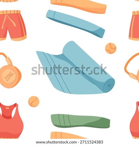 Seamless flat pattern with sport equipment like yoga mats, kettlebells, and balls. This bright decor emphasizes gym exercise and fitness themes. Perfect for workout healthy lifestyle designs.