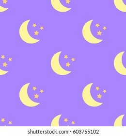 Seamless flat pattern with yellow moon and stars on violet background