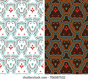 Seamless flat patterns with lines, stylized leaves, diamonds. Triangular abstract layout for ornament and background. Two versions of editable colorful wallpaper with lines and elements.