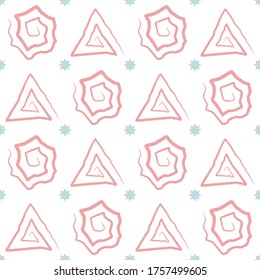Nahtlose, flache rosa Farbmuster von locker spiralförmigen, abstrakten Kunstformen auf weißem Hintergrund für Verpackungen und Textilien.