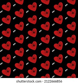 Nahtlose, flache rote Herzen und Kugeln Muster mit schwarzem Hintergrund für den Valentinstag. Verwendung für Stoffdrucke, Stoffdesign, Grußkarten, Geschenkkarten, Wickelpapiere und Wallpaper.