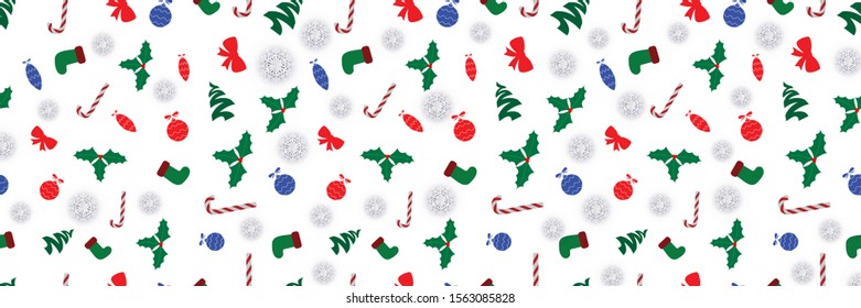 Seamless Flat Style Christmas Pattern with Candies, baubles, holly berries, socks, bells and snowflakes
