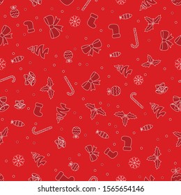 Seamless Flat Style Christmas Pattern with Candies, baubles, holly berries, socks, bells and snowflakes