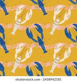 Seamless flat style pattern with colorful lobsters. Modern background. Vector illustration 