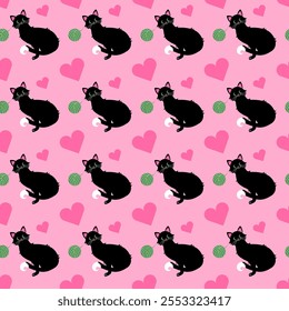 Patrón de estilo plano sin fisuras con gatos negros elegantes, bolas de hilo verde y corazones rosados sobre un fondo rosa pastel. Perfecto para textiles, papel de regalo o diseños decorativos.