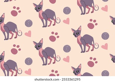 Seamless flat style pattern featuring elegant sphynx cats, yarn balls, paw prints, and hearts on a soft pastel background. Ideal for textiles, wallpapers, or pet-themed designs.