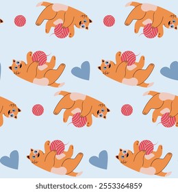 Seamless flat style pattern with playful orange cats, yarn balls, and hearts on a light blue background. Perfect for textiles, wrapping paper, and pet-themed designs.