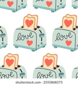 Seamless flat style pattern of toasters with heart-shaped bread and the word love, perfect for Valentine's Day decorations, gift wrap, and holiday themed designs.