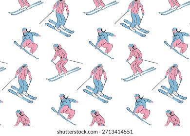 Nahtloses flaches Winteraktivitätsmuster mit Skifahrern und Snowboardern in einem verschneiten Bergresort