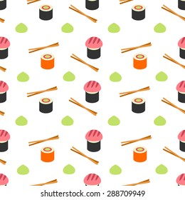 Seamless flat stylised sushi pattern. 