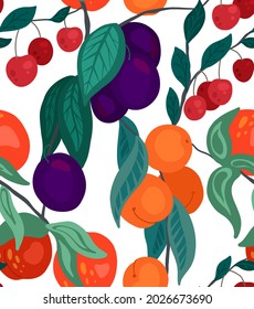 Seamless flat texture with cherries, peaches, plums on branches with foliage on white background. Cartoon pattern with berries. Drawn wallpaper with fruits and bushes. Vector natural gardening fabric