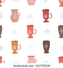 Seamless flat texture with cups, mugs and mystical drawing. Vector doodle pattern for wallpapers, backgrounds, recipes and your creativity.