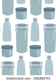 Seamless flat texture of glass bottles and jar in a row on white background. Zero waste products. Vector pattern for fabrics, wallpapers, backgrounds and your design.