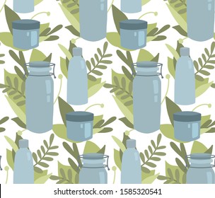 Seamless flat texture of glass bottles and jar with green foliage on white background. Zero waste products. Vector eco pattern for fabrics, wallpapers, backdrops and your design.