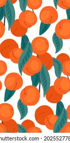 Seamless flat texture with peaches on branches with foliage on white background. Cartoon pattern with apricot. Hand-drawn wallpaper with nectarine. Vector natural fabric of fruit.