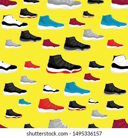 Seamless flat vector design pattern of retro basketball shoes sneakers with with a variety of popular colors for print media 