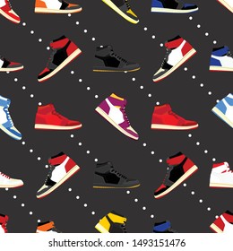 Seamless flat vector illustration design pattern of retro basketball shoes sneakers with with a variety of popular colors for printing media