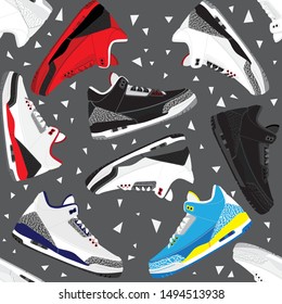 Seamless flat vector illustration design pattern of retro basketball shoes sneakers with with a variety of popular colors 2