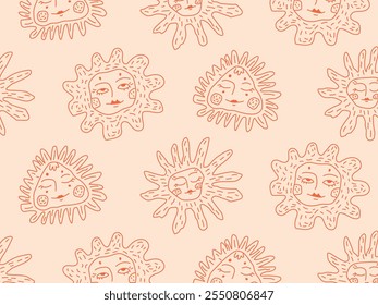 Ilustração de vetor plana e uniforme. Padrão de Suns abstratos com Faces, estilo Line Art. Design decorativo para papéis de parede, têxteis, papel de embrulho. Mínima repetição estética desenhada à mão