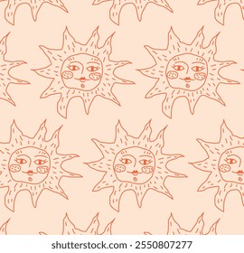 Seamless flat vector illustration. Pattern of hand-drawn suns with human Faces and Radiant Lines. Abstract celestial design for fabric, decor, prints. Minimal repetition inspired by cosmic themes