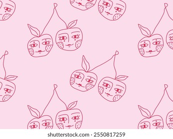 Seamless flat vector illustration. Pattern of cherries with abstract Faces and Leaves. Whimsical design for prints, textiles, wallpapers. Minimal hand-drawn repetition with fruit-inspired elements