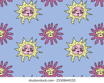 Seamless flat vector illustration. Pattern of suns and flowers with expressive Faces in Pink and Yellow tones. Whimsical hand-drawn celestial and floral design for wallpapers, fabric, prints