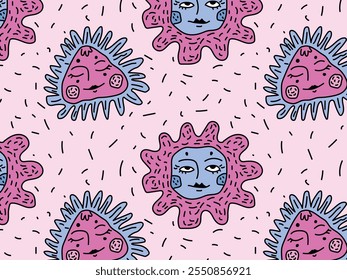 Seamless flat vector illustration. Pattern of flowers and triangles with expressive Faces in Pink and Blue tones. Whimsical floral design for textiles, wallpapers, prints. Minimal repetition.