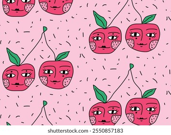 Seamless flat vector illustration. Pattern of cherries with expressive Faces, green Leaves, hand-drawn texture. Whimsical design for textiles, wrapping Paper, and prints. Minimal repetition.