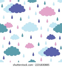 Seamless flat vector pattern with blue, green, pink and violet clouds and raindrops on white background. Beautiful rainy sky texture.