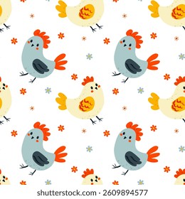 Seamless flat vector pattern with chicks, hens, and roosters for Easter, cute and festive design.	
