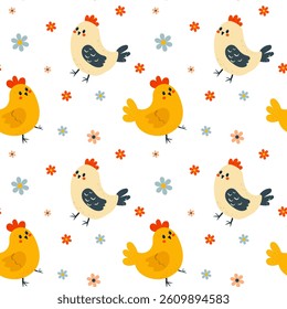 Seamless flat vector pattern with chicks, hens, and roosters for Easter, cute and festive design.	
