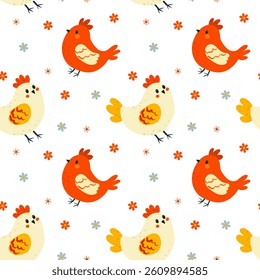 Seamless flat vector pattern with chicks, hens, and roosters for Easter, cute and festive design.	
