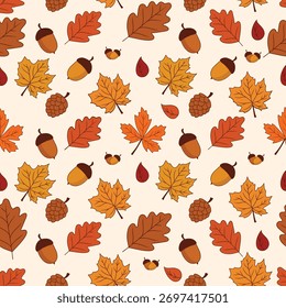 Seamless flat vector pattern with colorful autumn leaves, pinecones, and acorns in warm seasonal hues, perfect for fall backgrounds and textiles.