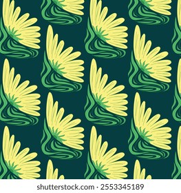 Seamless Flat Vector Pattern featuring Isolated Abstract Yellow Petals and Green Leaves on Dark Background. Modern decorative design ideal for textiles, wrapping paper, and stationery