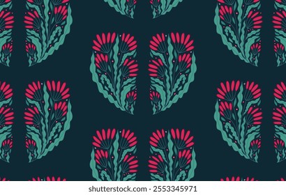 Patrón de Vector plano sin fisuras con cogollos rojos Abstractas aislados con hojas verdes sobre fondo oscuro. Diseño botánico decorativo perfecto para textiles, Fondo de pantalla y papel de regalo.