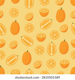 Seamless flat vector pattern featuring whole kumquats, halved fruits, lengthwise cuts and citrus slices. Bright tropical fruit design.