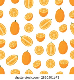 Seamless flat vector pattern featuring whole kumquats, halved fruits, lengthwise cuts and citrus slices. Bright tropical fruit design.