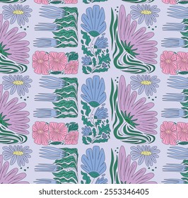 Seamless Flat Vector Pattern of Isolated Colorful Flowers in Pink, Blue, Yellow with Green Leaves on Light Violet Background. Decorative design perfect for textile, wallpaper, and gift wrapping.