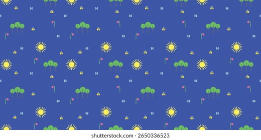 Seamless flat vector pattern on deep blue background with nature elements: sun, trees, bees, flowers, and butterflies. Perfect for nature-themed designs, wrapping paper, children’s illustrations, spri